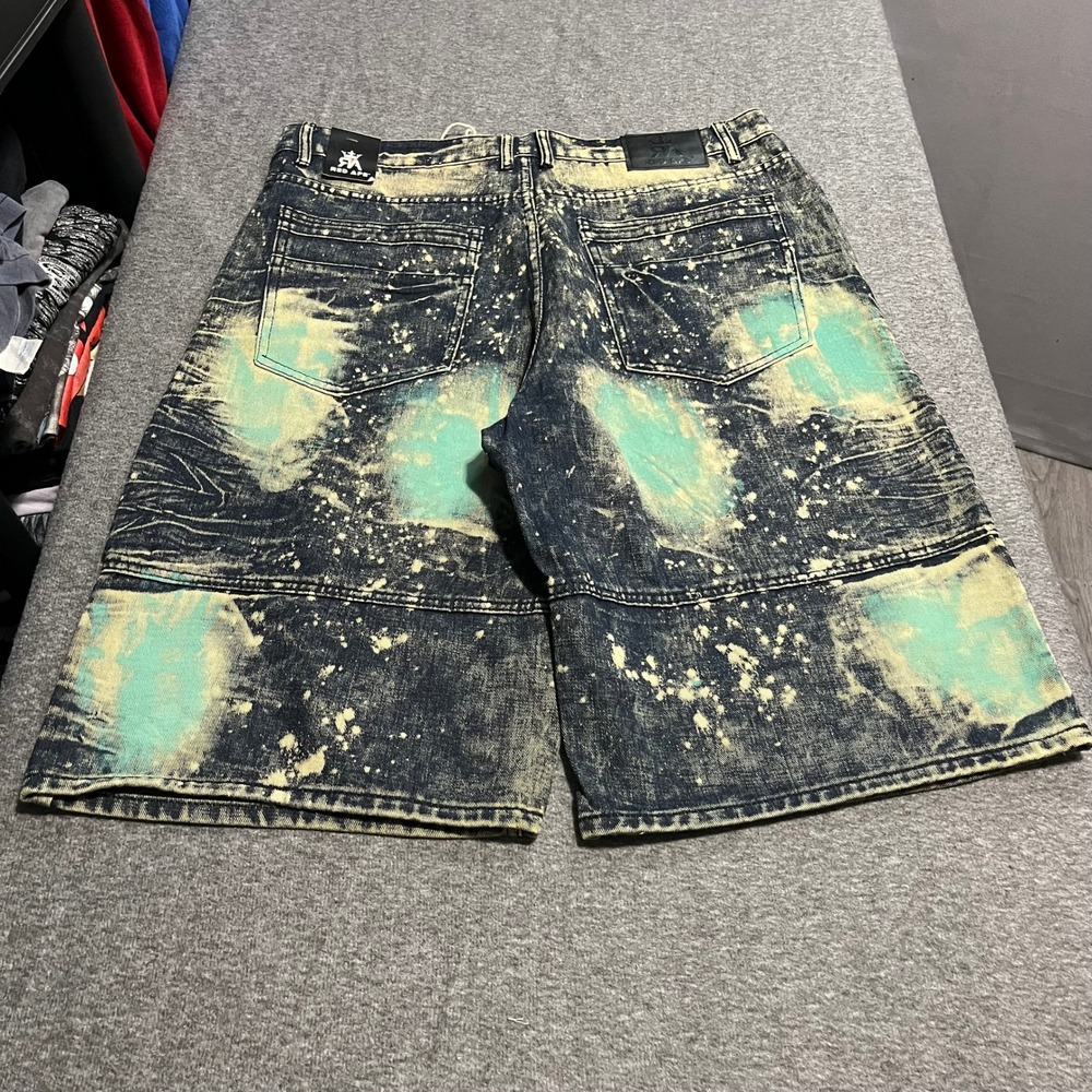 Red Ape Mens Acid Wash Distressed Denim Shorts Blue Teal Moto MRA-4014E Size 38